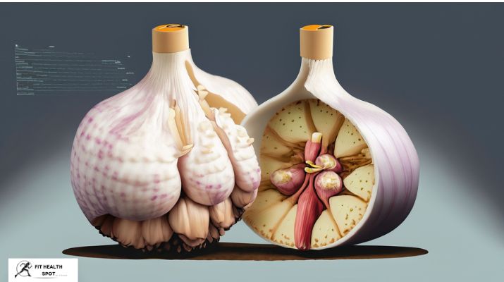 Infographic depicting the dissection of a garlic bulb to reveal individual cloves. Labels indicate "Whole Bulb," "Individual Clove," and "Papery Layer." A side note mentions the average number of cloves in a bulb.