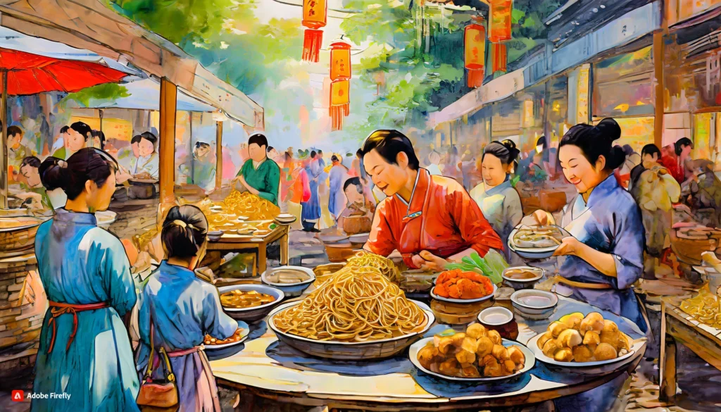 Ancient Chinese marketplace with noodle vendors and lively atmosphere
