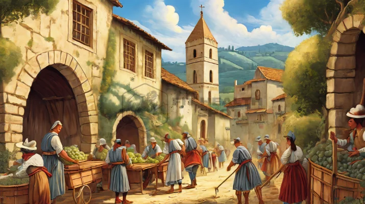 Historical illustration of Gorgonzola town in Italy with medieval cheese makers