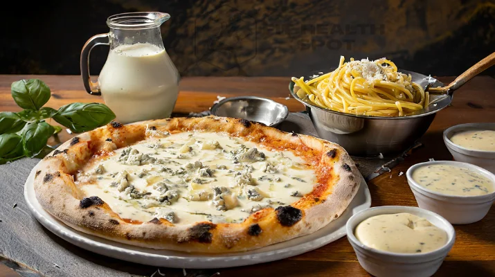Melted Gorgonzola on a pizza crust beside creamy Gorgonzola sauces ready for pairing