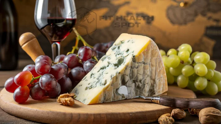 Wedge of Gorgonzola cheese with grapes and wine, hinting at its global culinary significance