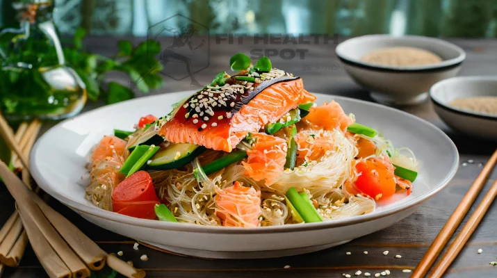A tantalizing plate of garlic and smoked salmon glass noodle stir-fry, garnished with spring onions and sesame seeds
