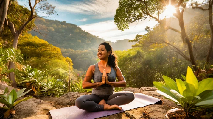 Illustration of Laura practicing yoga in a peaceful natural setting, representing her journey of strength and resilience through integrative health.