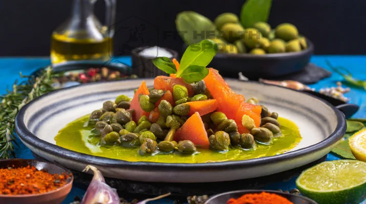Gourmet dish accentuated with the vibrant green of capers as a garnish