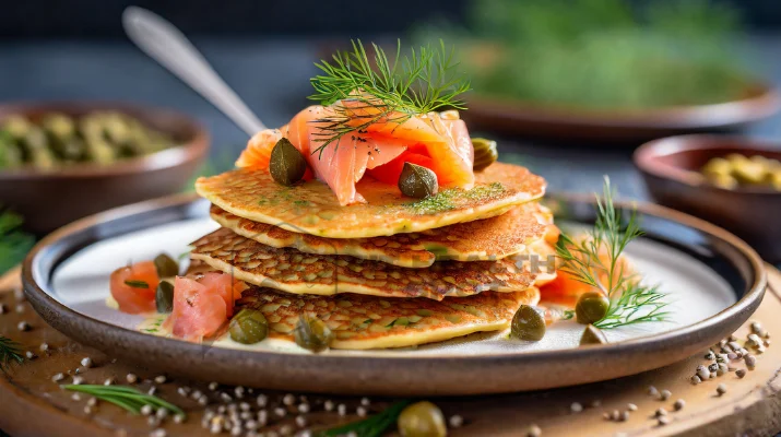 Buckwheat pancake topped with smoked salmon, capers, and fresh dill