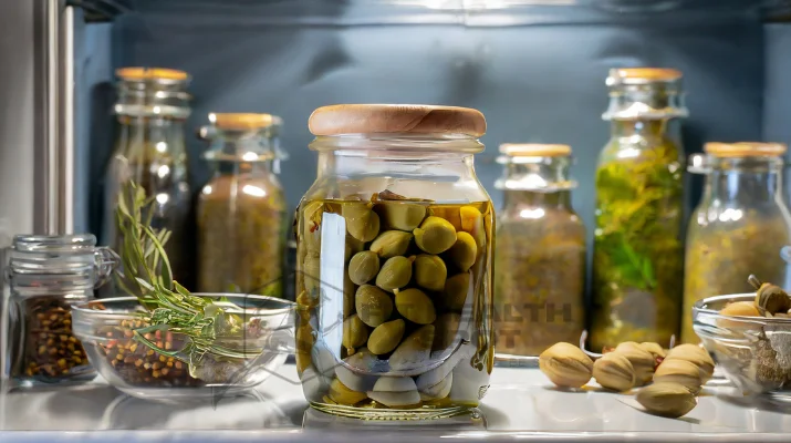 Jar of capers stored in the refrigerator for freshness