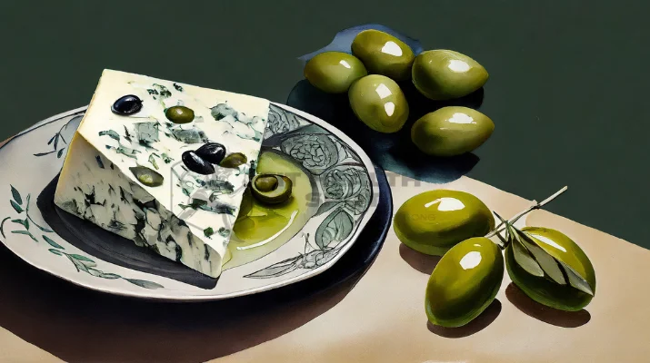 Gorgonzola cheese juxtaposed with a plate of vibrant green olives