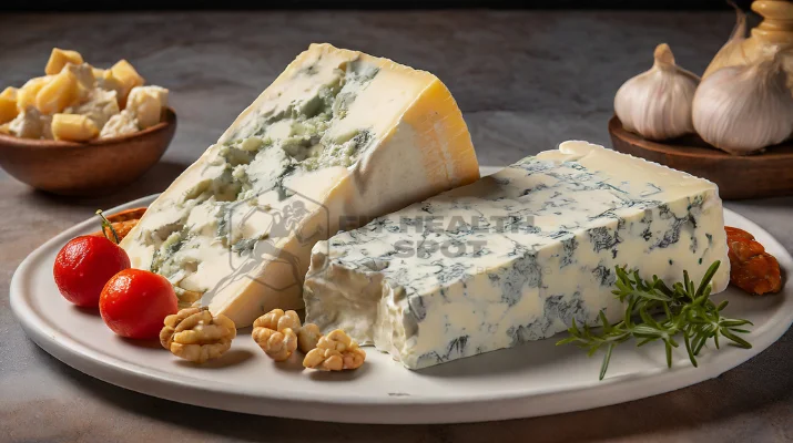 A comparative display of Gorgonzola Dolce and firmer Gorgonzola suitable for crumbles