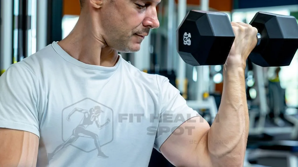 Fitness enthusiast engaged in incline dumbbell curls, emphasizing the bicep's long head