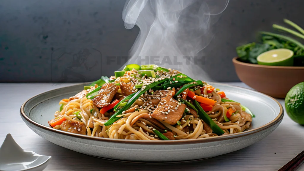 Plate of delicious chow mein with vegetables and protein garnished with green onions.