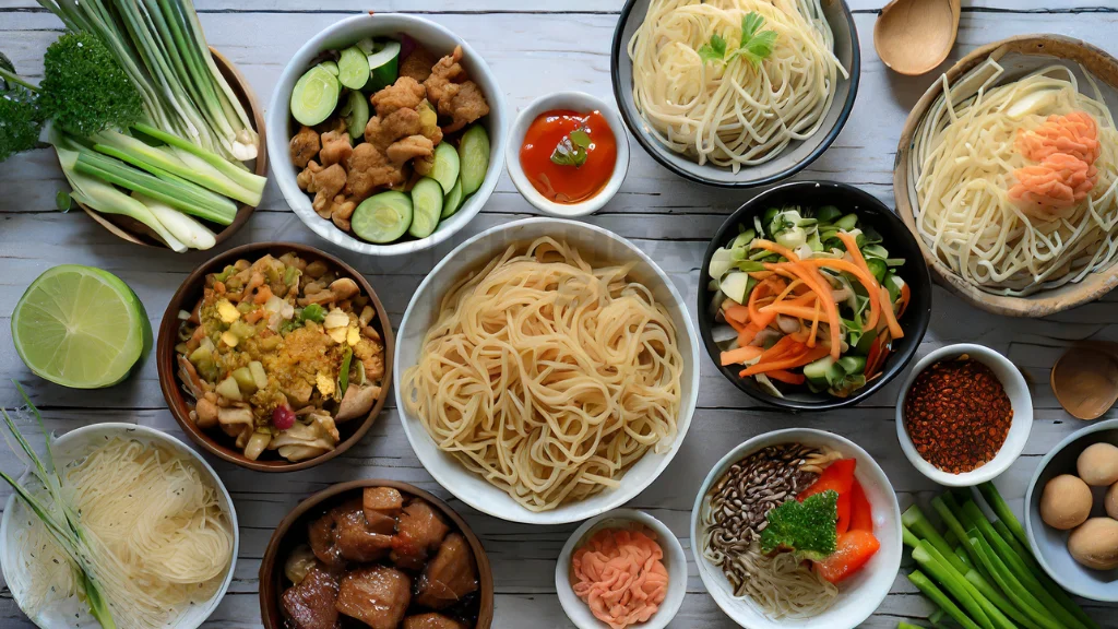 Bowls of chow mein ingredients arranged neatly: noodles, vegetables, protein, sauce, and garnishes.