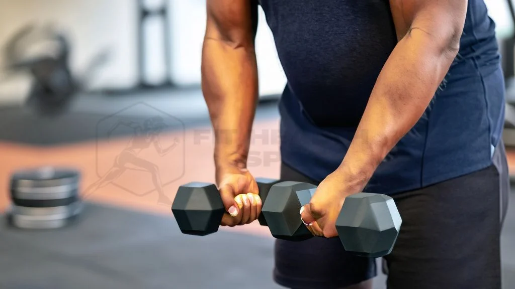 Person performing hammer curls exercise with dumbbells
