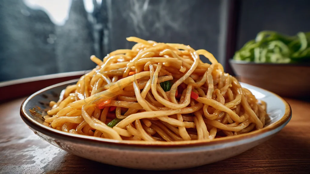 Close-up of chow mein noodles showcasing their intricate texture