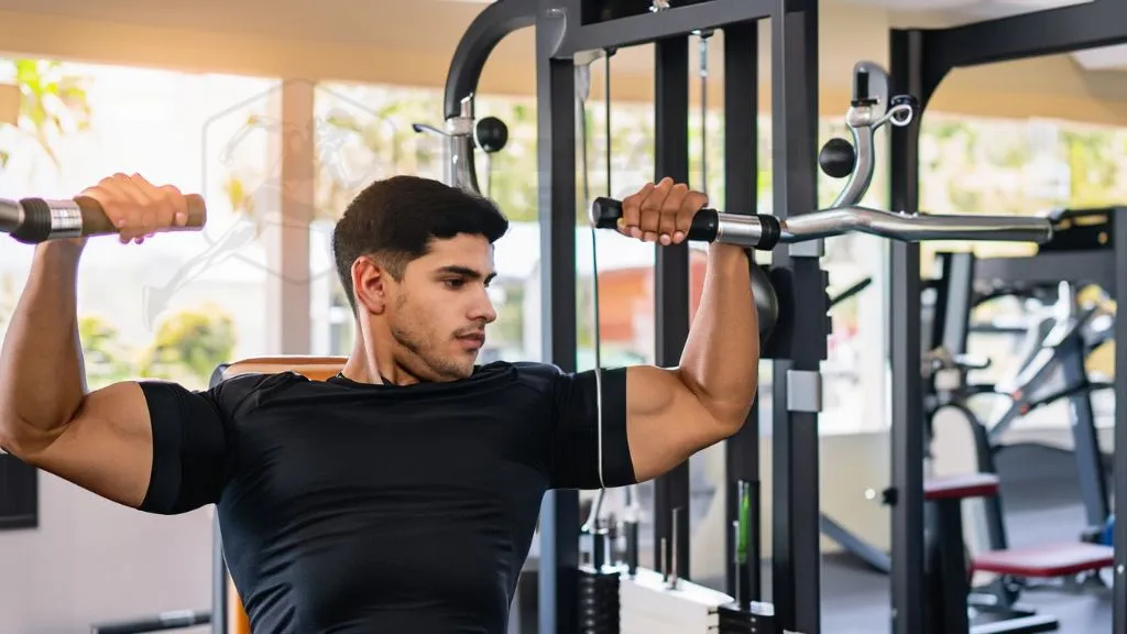 Gym-goer deeply engrossed in a preacher bench bicep curl session
