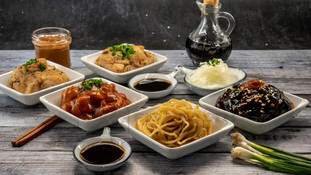 Assortment of chow mein sauces in small bowls