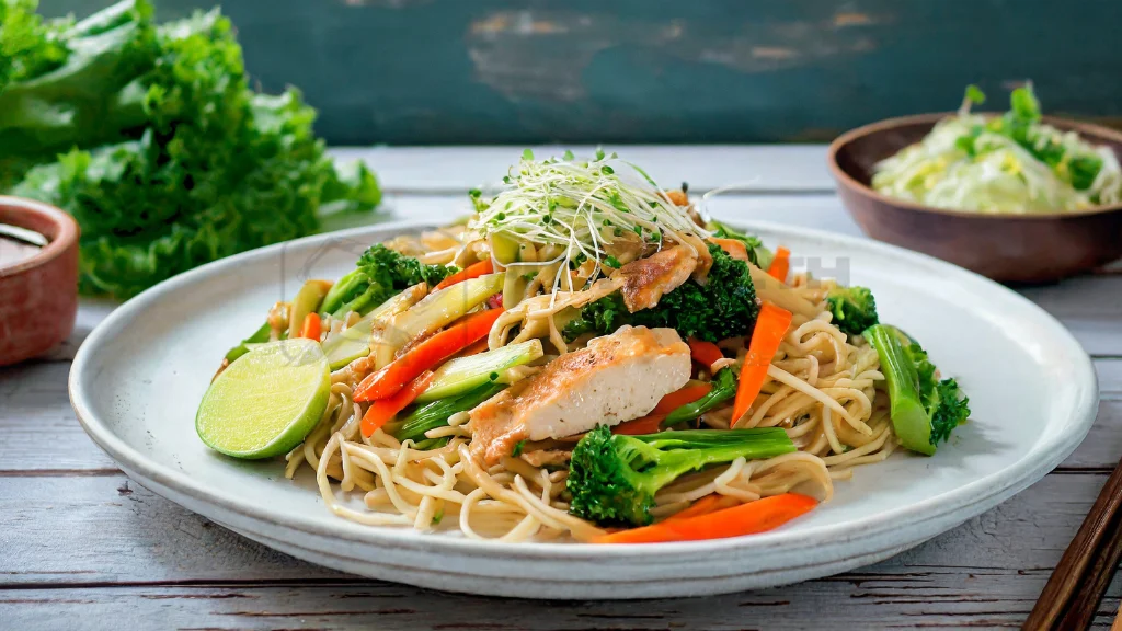 Healthier version of chow mein with colorful vegetables and light sauce
