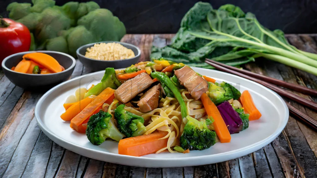 A serving of low-calorie chow mein, highlighting the fresh ingredients and appetizing presentation.