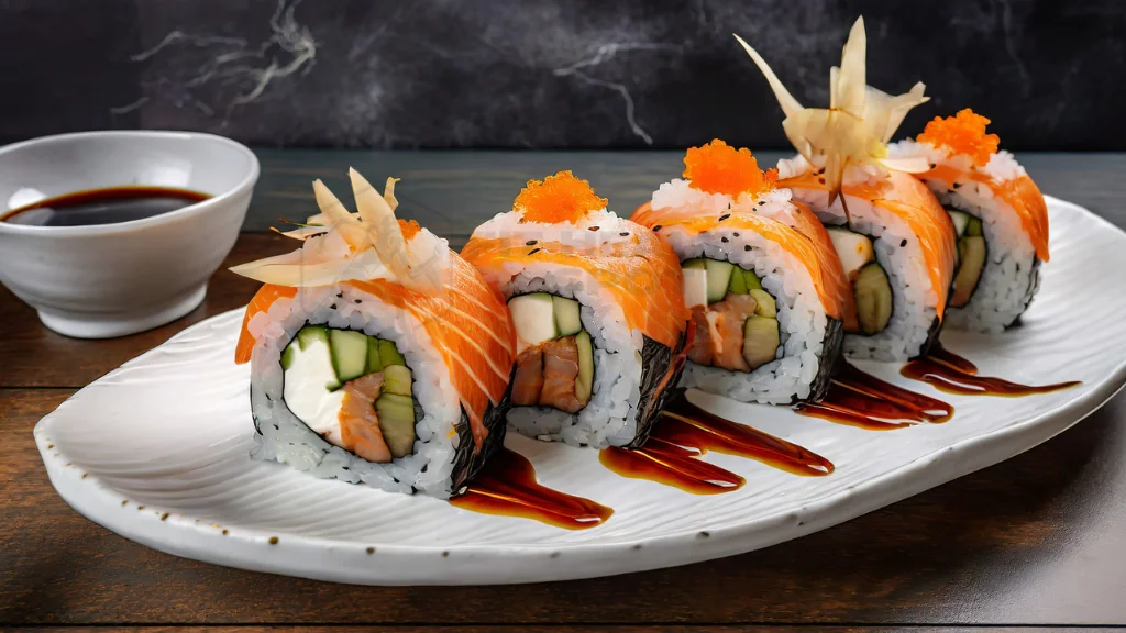 Delicious spider roll sushi plate with vibrant garnish