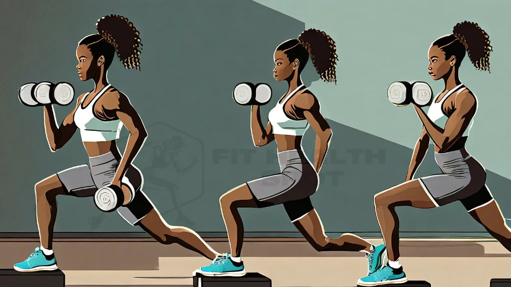 Individual performing dumbbell lunges, highlighting proper posture and movement dynamics.
