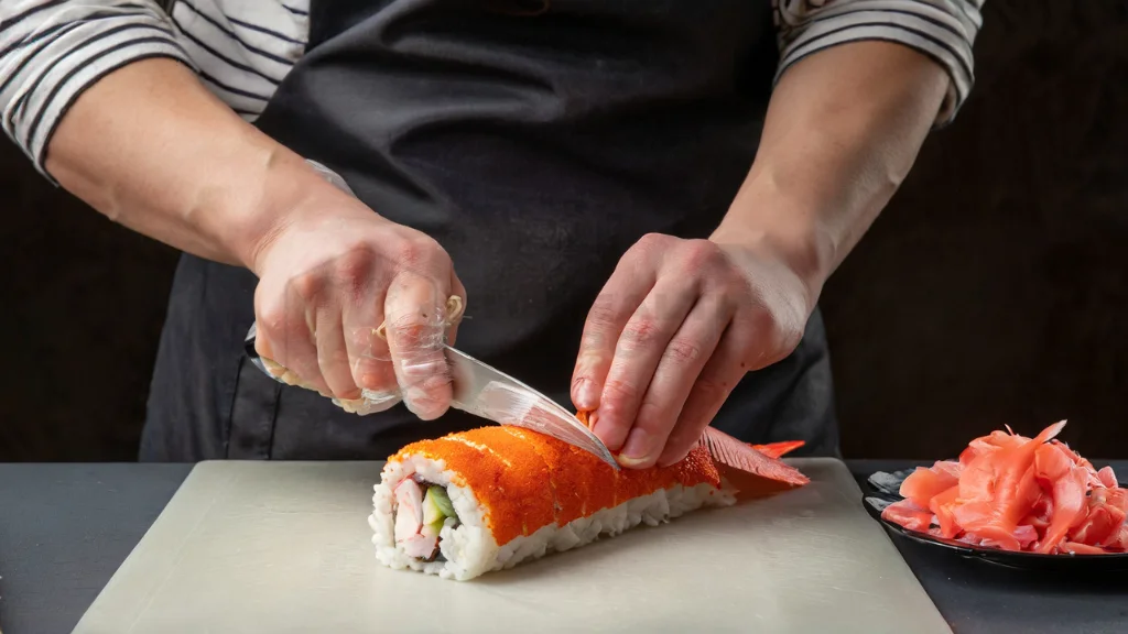 Preparing the crab, Rolling the sushi, Slicing the roll, Final presentation