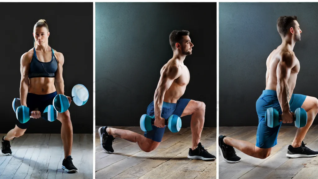 Trio-image displaying forward, reverse, and lateral dumbbell lunge variations, emphasizing distinct postures
