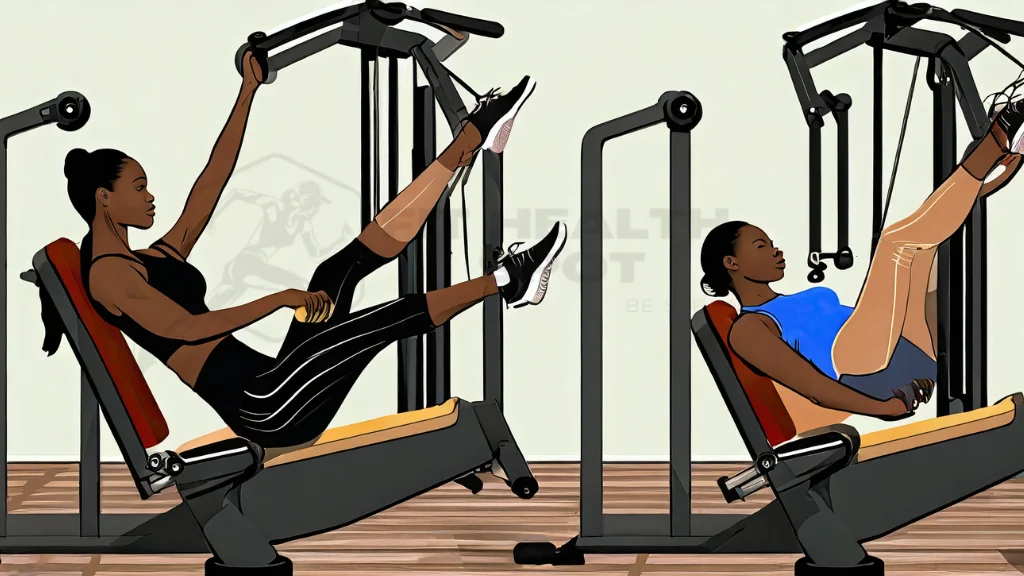 Sequential depiction of leg press execution, emphasizing foot placement, knee alignment, and controlled movement