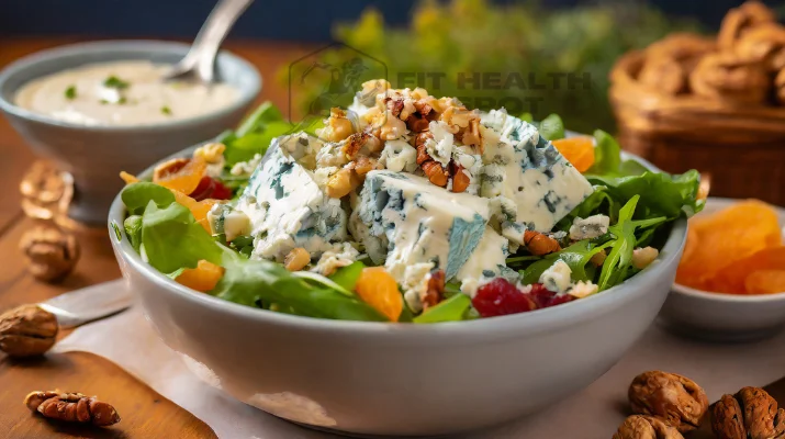 Bright Gorgonzola salad with assorted toppings and a creamy dressing on the side