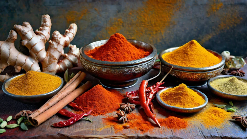 Assortment of spices with a focus on turmeric roots and powder, and whole and ground cayenne pepper, artistically arranged on a rustic background, evoking the natural health benefits of these culinary staples