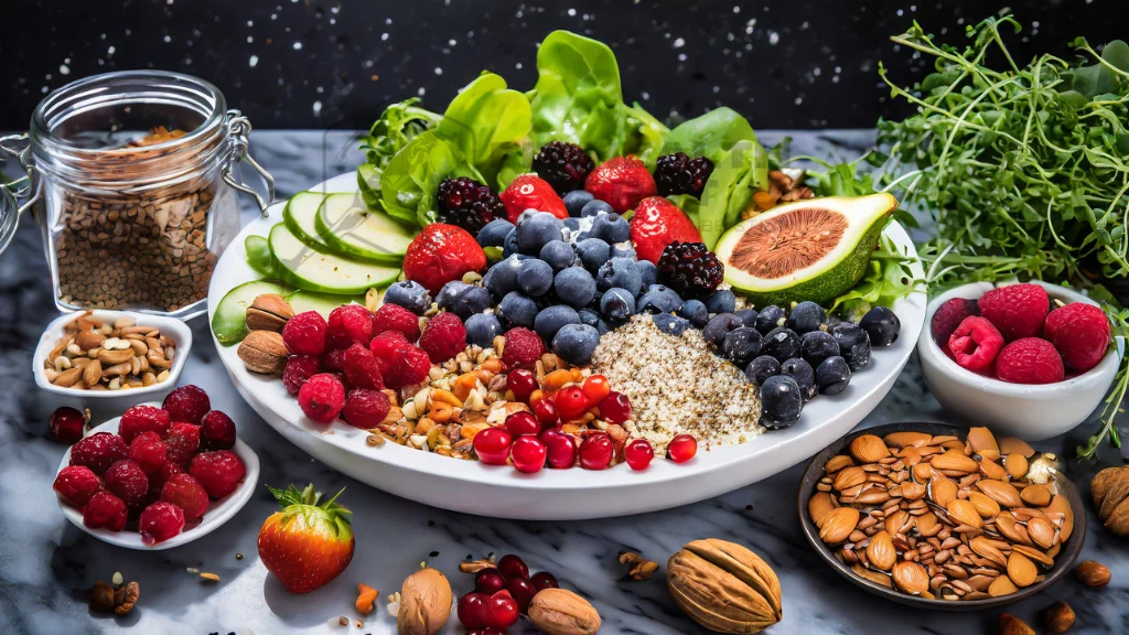Assortment of antioxidant-rich salad ingredients including berries, nuts, and seeds