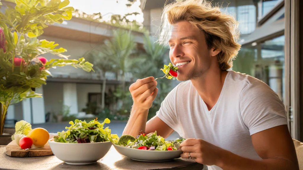 Healthy individual enjoying a salad, representing mental and physical wellness