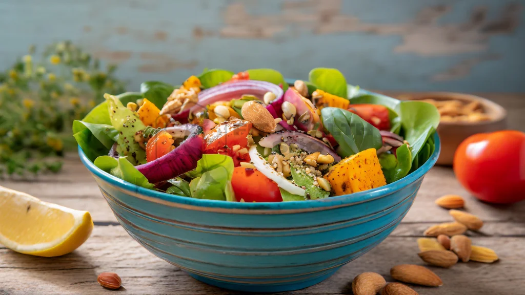 Colorful mixed salad bowl with greens, vegetables, nuts, and protein on wooden table
