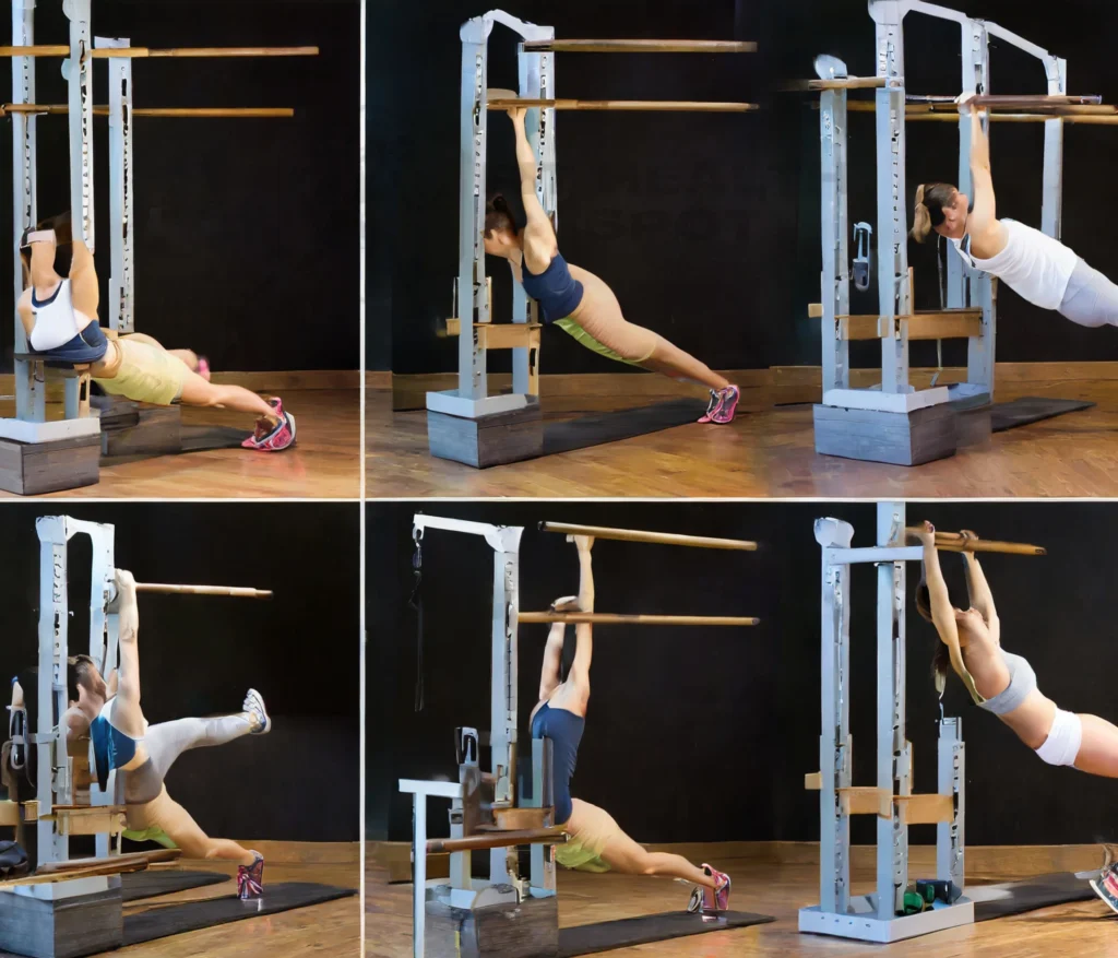 Collage of prerequisite exercises for performing a back lever