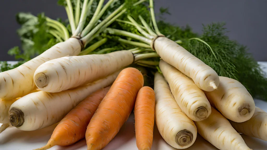 Side-by-side comparison of raw white carrots and parsnips, highlighting their differences in shape, size, and texture.