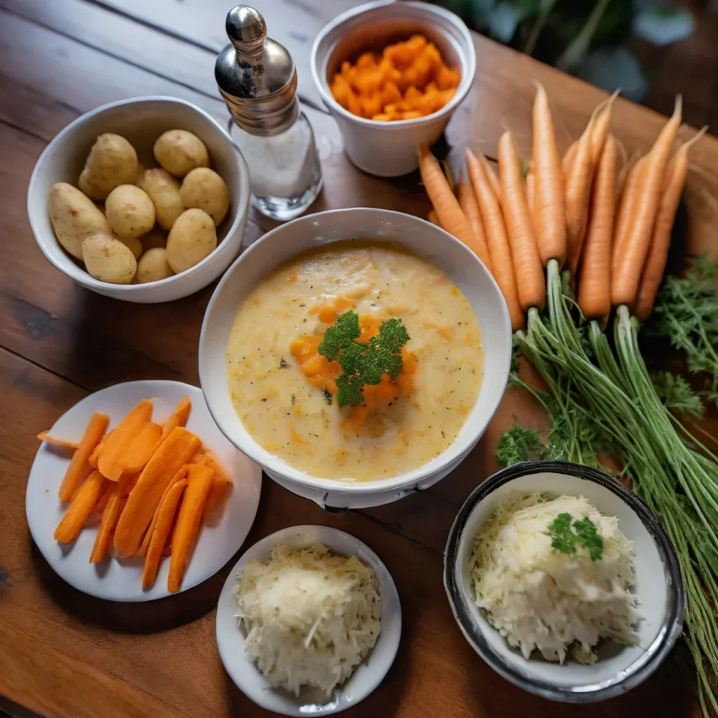 Assorted dishes made with white carrots, including soup, salad, coleslaw, and risotto, showcasing their culinary versatility and appeal