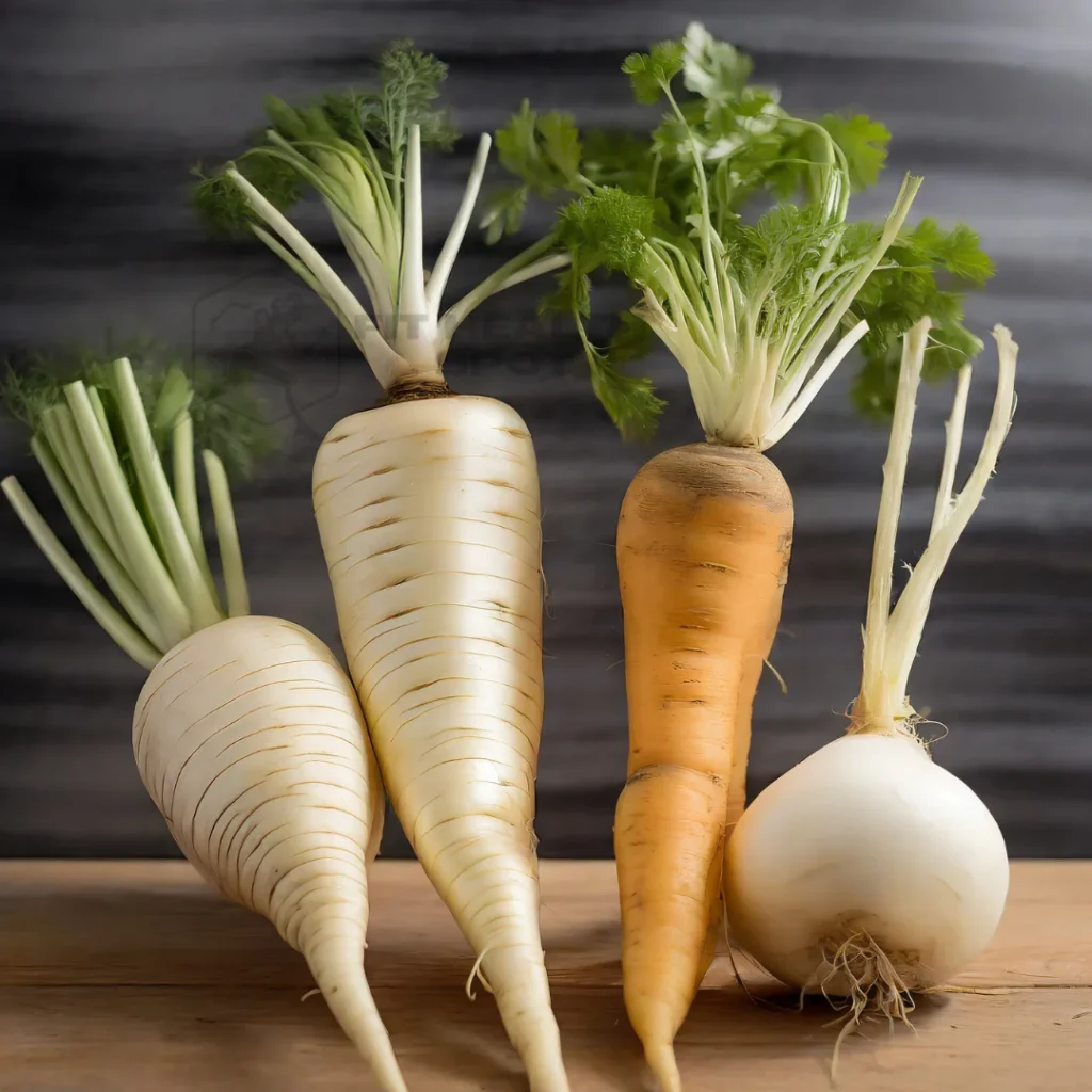 Side-by-side comparison of white carrots, parsnips, daikon radishes, and celeriac, showcasing their differences in appearance and texture.