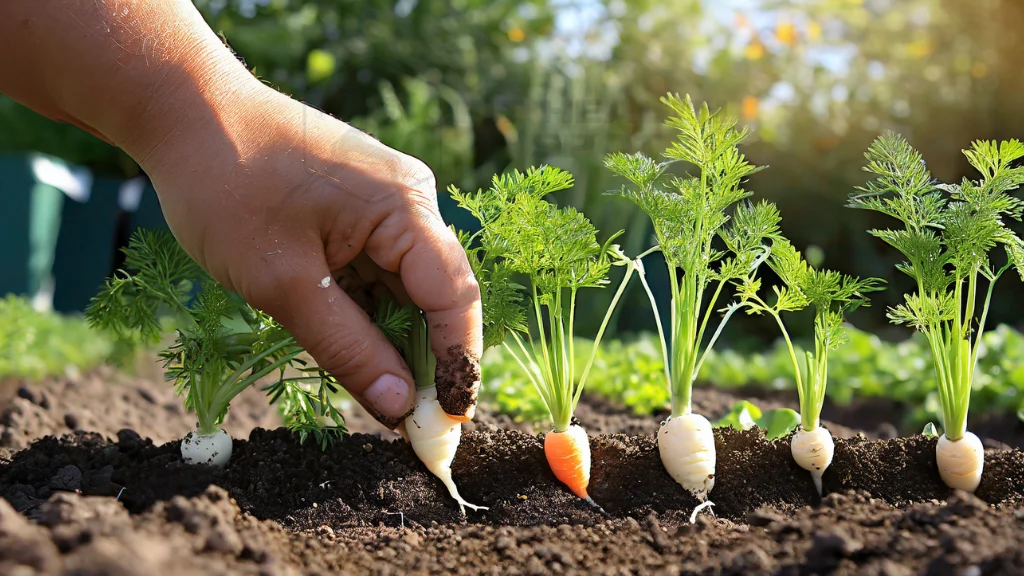 Step-by-step visual guide to growing white carrots, showing seed planting, sprouting seedlings, mature plants, and the harvesting of a white carrot.