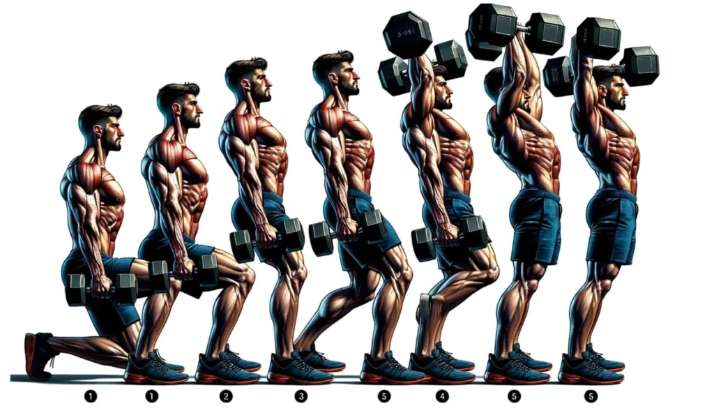 Dumbbell Push Press movement phases from stance to explosive overhead press."