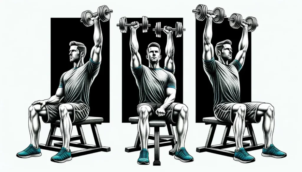 Illustration of Seated Arnold Press phases, showcasing the start, mid-rotation, and full extension positions to effectively target shoulder muscles